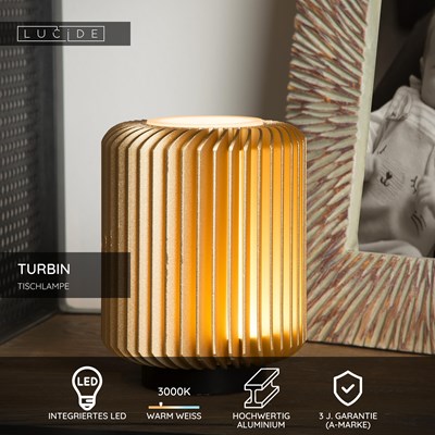 Lucide TURBIN - Tischlampe - Ø 10,6 cm - LED - 1x5W 3000K - Mattes Gold / Messing